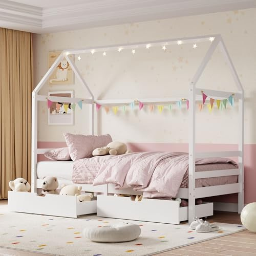 Aptliton Wooden Toddler House Bed Frame for Kids, Single Bed with 2 Storage Drawers and Roof, Solid Pine Wood Playhouse Bed for Boys Girls Childrens Bedroom Furniture, White, 90x190cm