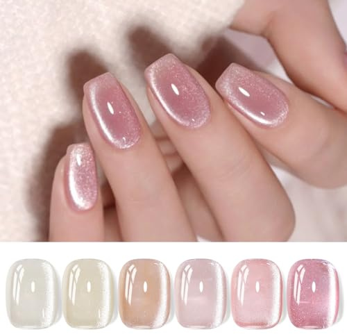 BORN PRETTY Magnetic Gel Nail Polish Set 6 Colours Nude Pink | Jelly nude pink finish with magnetic shimmer effect, UV LED soak off formula for salon manicure and DIY nail art