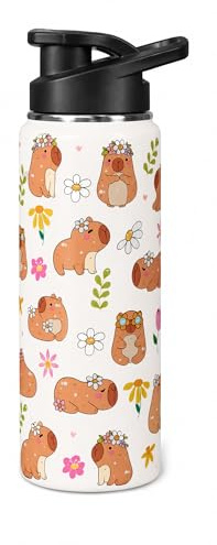 FloralGrace Kapibara Botella De Agua 500ml Lindo Kawaii Termo Aislado Botellas Deportivas Vaso con Asa Y Pajilla Plegable Regalo Kapibara para Niños