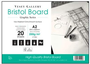 A2 Bristol Board Paper sketching pad. 20 Sheets of High White Smooth Bristol Paper, Heavy 250gsm Board. by Vesey Gallery Made in UK