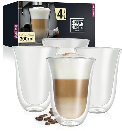 Moritz & Moritz Barista Napoli 4 x 300 ml Double Walled Latte Macchiato Glasses - Set of 4 - Double-Walled Glasses for Latte Macchiato, Tea, Hot and Cold Drinks - Dishwasher-Safe