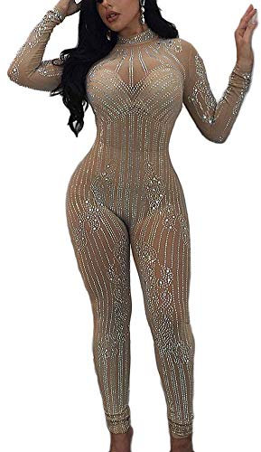 ZiXing Damen Elegant Sequins Glitzer Jumpsuits Pailletten Bodysuit Rompers Jumpsuit Overalls Aprikose S