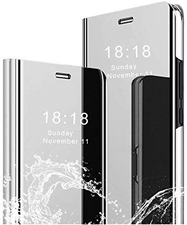 MLOTECH Smart Handyhülle für Huawei P30 Lite Hülle und Gehärtetes Glas schutzfolie Flip Transluzent View Miroir Spiegel Standfunktion Cover -Silber