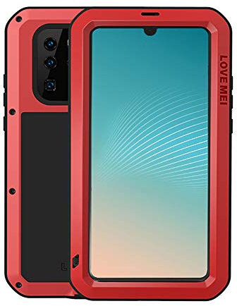 FONREST Completo Funda para Huawei P30 Pro, Love Mei 6,47-Pulgada Antichoque Al Aire Libre Híbrido Aluminio Metal Antipolvo Carcasas con Vidrio Templado, Soporte de Carga inalámbrica (Rojo)
