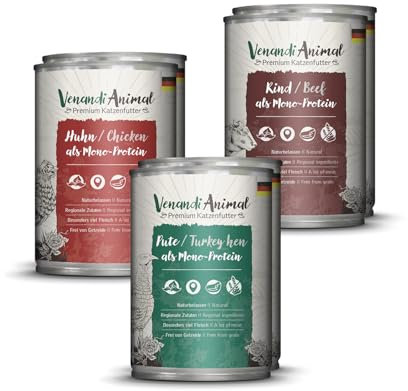 Venandi Animal - Premium Nassfutter für Katzen, Probierpaket - Huhn, Pute, Rind 6 x 400 g (6er Pack), getreidefrei und naturbelassen