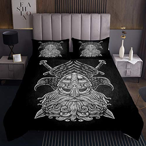 Tbrand Antike Wikinger Bettüberwurf Die Axt EIN Schwert EIN Speer Skandinavisches Logo Tagesdecke 220x240cm Vintage Exotischer Stamm Steppdecke Schwarz Weiß Wohndecke