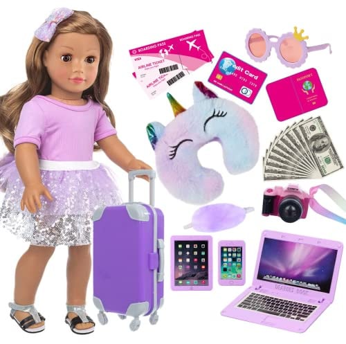 ZNTWEI Reisekoffer-Set 45,7 cm (18 Zoll), mit Puppenkleidung und Zubehör, einschließlich Sonnenbrille, Kamera, Telefon, iPad, Reisekissen usw