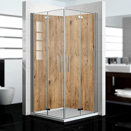 Dedeco - Dos de douche d'angle imperméable motif : bois V5, vernis UV mat, 2x 90x200 cm, remplacement du carrelage pour salle de bain, comme paroi décorative, revêtement mural en aluminium