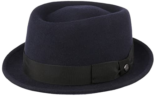 LIERYS Crushable Pork Pie Hut Herren Damen Hut aus 100% Wollfilz Wasserabweisend Mit Garniturband Made in Italy Herbst Winter dunkelblau 56 cm