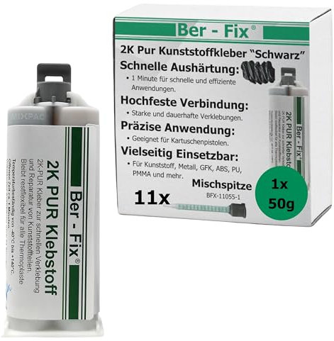 Ber-Fix Stoßstange Reparatur 2K PUR 60Sek. SCHWARZER Kunststoffkleber 2K Kleber Kunststoff-Reparatur 50g Kartusche 1:1 + 10 Spitzen
