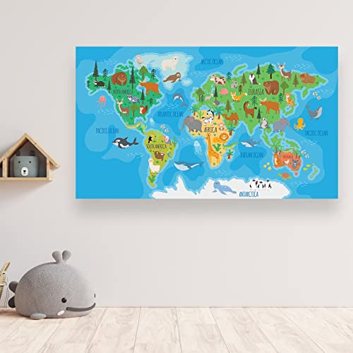 Cartoon-Weltkarte mit Waldtieren, Wandbehang, Banner für Kinderzimmer, Dekoration, pädagogische Geographie, 77 x 48 cm