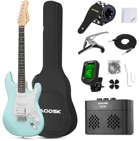 AODSK AST-HSS170 - Kit de guitarra eléctrica con amplificador para principiantes, cuerpo sólido de 39 pulgadas, tamaño completo, recogida HSS, todos los accesorios, afinador digital, seis cuerdas