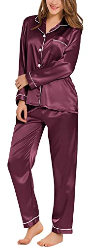 SWOMOG Women's Pyjama Set Silk Satin Long Sleeve Button Down Pyjamas Two Piece Comfy Sleepwear and Loungewear Set Bordeaux Red