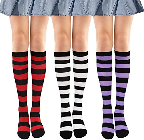3 Paia Calze da Donna Calzettoni Ginocchio Calzini Lunghi Gambaletti a Righe Striscia Stivali Ragazze Retro Casual Sopra Socks Taglia unica Striscia Corta