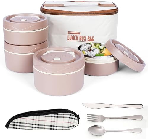 BELLE VOUS 5-teiliges tragbares isoliertes Lunchbox-Set mit Besteck - 4 Edelstahl Thermobehälter für Essen - Stapelbar und auslaufsicher - Thermo Lunchbox für Erwachsene - Braun