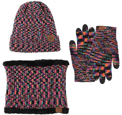 Mütze Schal Set Damen Warm Elegant Mütze Winter Sport Baumwolle Handschuhe Scarf Rot Beige Gefüttert Mützen Blau Rosa Wintermütze Handschuh XXL Pink Schal Schwarz Strickmützen