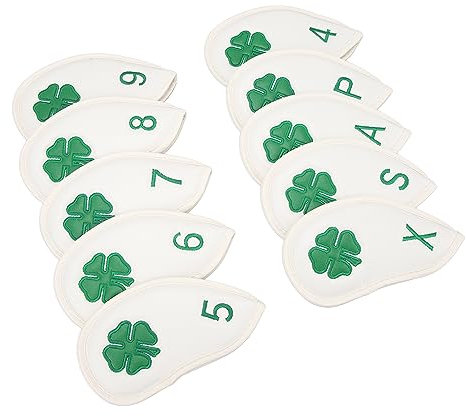 Club Head Covers, 10 PCS Iron Covers Four Leaf Clover Pattern PU Waterproof Delicate Iron Covers Set for Most Clubs (White)