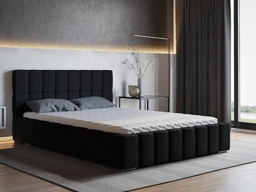 MARPUR Polsterbett ALMA inkl. Taschenfederkernmatratze Salsa, 120 x 200 cm, Doppelbett mit Bettkasten und Lattenrost aus Holz, Velourstoff: Schwarz