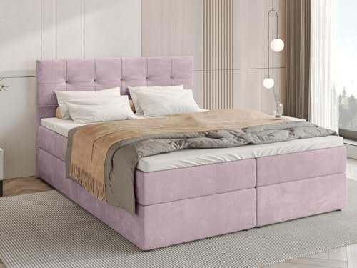 BROMARKT Boxspringbett mit Bettkasten Polsterbett mit Bonell-Matratze und Topper Doppelbett mit Stauraum Bett für Schlafzimmer gepolstertes Kopfteil Detroit 160x200 Härtegrad H3 Samtstoff Puderrosa