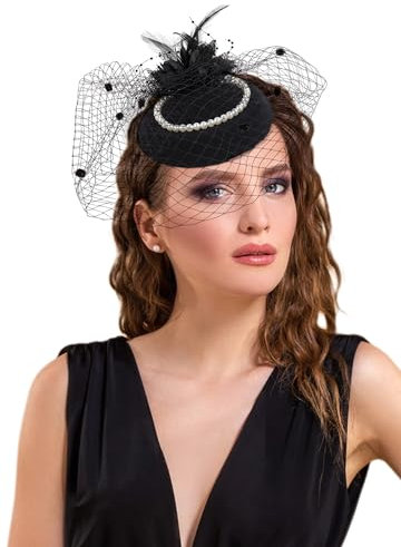 Focupaja Fascinator Hüte Damen Pillbox Hut mit Mesh Schleier Federn Derby Stirnband Hochzeit Kopfbedeckung Tea Party Haarspange 1950er Vintage Fascinator W4-27-Schwarz