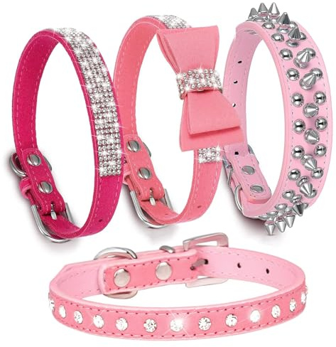 HALFSUMO 4 Stück Hundehalsband Stachel Nieten Leder Hundehalsband Strass Hund Katzenhalsband Bling Diamant mit Strass Schleife Dekoration für Mädchen Hunde Katzen Rosa S
