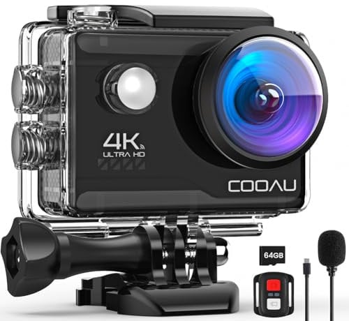 COOAU Action Cam HD 4K 20MP WiFi Con 64GB Scheda Microfono Esterno Fotocamera Sott'acqua 40M con Telecomando Actioncamera Impermeabile 170° Grandangolare Time Lapse/2 Batterie 1200mAh/Accessori