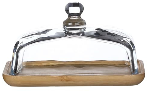 Dxcaicc Vassoio da Portata per Dessert in Legno di Acacia con Coperchio in Vetro, Piatti per Pane Multiuso, Contenitore per Torte per Burro, Frutta, Formaggio, Dessert, Antipasto, Verdura,A
