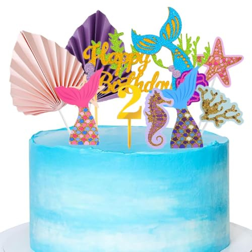 Jxuzh Meerjungfrau Tortendeko 2 Geburtstag Rosa Mädchen Happy Birthday 2 Glitter Mermaid Cake Topper 2.kuchendeko Geburtstag Meer Tortenaufsatz Happy 2th Birthday Tortendeko 2 Jahre Geburtstag Kuchen