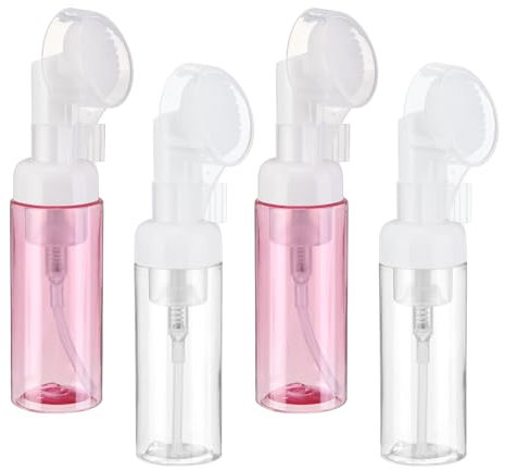 QUARKZMAN 4pcs 60ml Botella de Espuma con Cepillo, Dispensador de Bomba de Limpiador Facial con Cepillo de Masaje de Plástico Transparente para Jabón Champú Gel Viaje, Transparente/Rojo