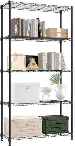 M MZG 5-stufiges Schwerlastregal, Metallregal bis 567.5 kg, geräumiges Lagerregal für Garage, Werkstatt, Keller, Lagerraum und Hobbyraum, Schwarz, 35×90×174 cm