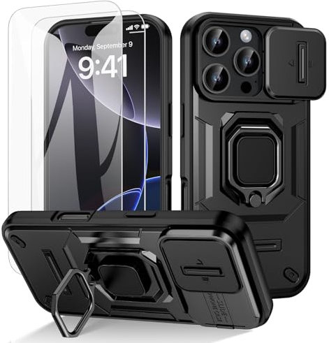 Doeshine for iPhone 16 Pro Case, with 2 Pack Screen Protector and Slide Camera Cover, 360° Ring Stand Holder Kickstand, Full Body Armour Military Grade Shockproof Protective Phone Cover (Black)