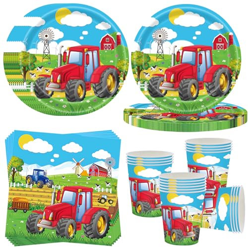 OMZSXK Vajilla de fiesta para 16 invitados, 52 unidades, platos de papel, vasos, servilletas, decoración de fiesta de tractor de granja, decoración de cumpleaños infantil para niños y niñas
