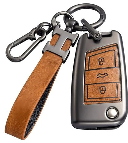 Coque de clé de voiture pour VW Golf 7 en alliage de zinc 3 boutons compatible avec MK7 Polo T-ROC Tiguan Skoda Superb Octavia Seat Leon Ibiza Porte-clés marron avec porte-clés en cuir