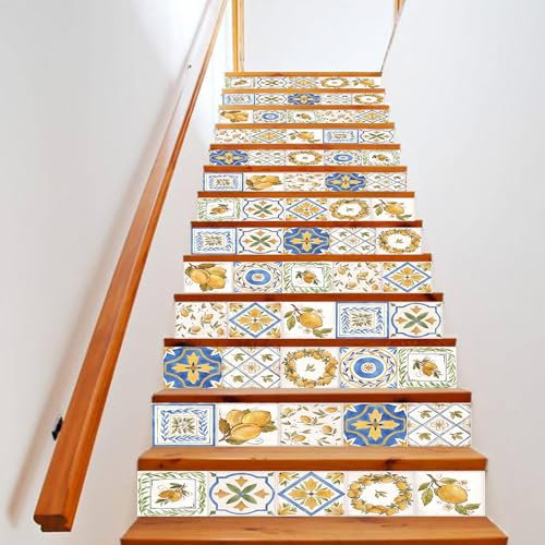 13 pcs Adesivi per scale interne 3d, adesivi per scale autoadesivi per gradini in legno, adesivi artistici impermeabili per interni, vinile professionale, piastrelle di limone francese bianche