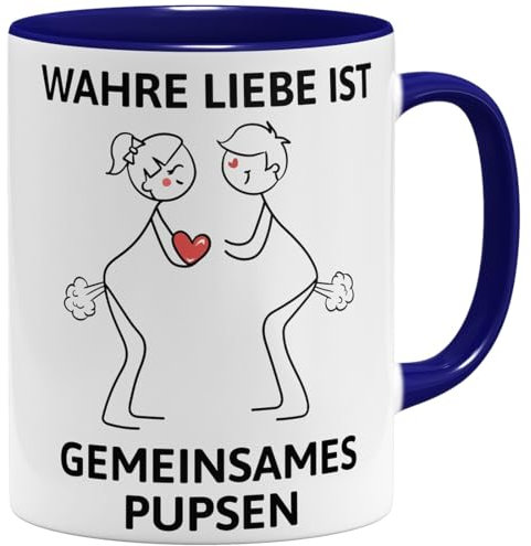 OM3® witzige Liebestasse Kaffee-Tasse mit Spruch - wahre Liebe ist gemeinsames Pupsen - Valentinstag - Partnertasse | Keramik Becher | 325ml | Beidseitig Bedruckt | Dunkelblau