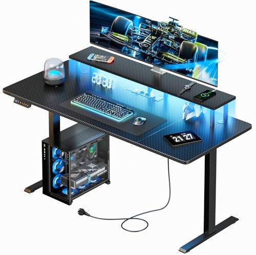 HLONONE Höhenverstellbarer Schreibtisch mit LED, 140 x 60 cm Gaming Tisch Höhenverstellbar mit 3 Steckdosen & 2 USB, Elektrischer Schreibtisch mit Monitorständer, 3-Funktions-Memory & Mauspad, Schwarz