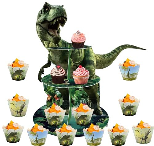 3 Tier Dinosaurier Kuchen Stand, Cupcake Turm, 12Pcs Dinosaurier Kuchen Surround Dinosaurier Thema Geburtstag Party Dekoration