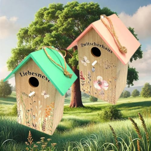 KAMACA 2er Set Vogelhaus aus Holz Nistkasten Vogelhäuschen zum Aufhängen für Meisen Fink Sperling zum Brüten Nisten im Garten Terrasse Balkon langlebig wetterfest (Liebesnest und Zwitscherhaus)