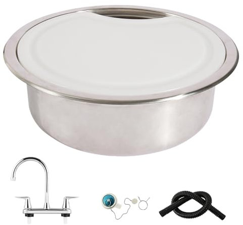 WANGCEPLSD 345 Mm Camping Spüle, Spülbecken Edelstahl, mit Warm- Und Kaltwasserhahn, PE-Abdeckung, für Wohnwagen, Wohnmobil, Boot, mit Abwasserrohrzubehör