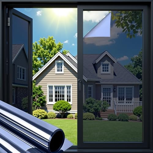 Warmiehomy One Way Window Film Privacy Film for Glass Windows, Anti Glare Mirror Reflective Blackout Window Film, Self Adhesive Window Tint UV Sun Blocker for Home Office, 100x200cm, Blue Silver
