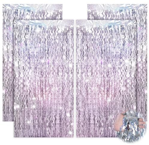 4 Stück Glitzer Vorhang, Lametta Vorhang Silber, Glitzer Metallic Folie Fransen Glitzervorhang, Luftschlangen für Jugendweihe Discokugel Deko Party Deko 18. Geburtstag Mädchen Geburtstagsdeko