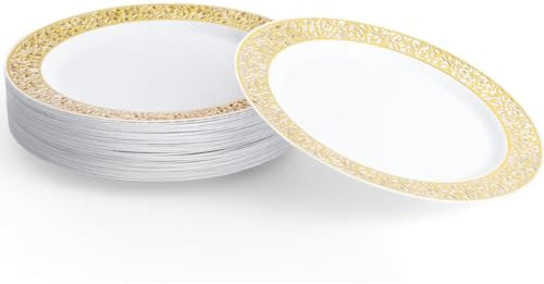 MATANA 80 Premium Weiße Plastikteller mit Goldrand, Mehrweg Kunststoffteller, 26cm - Partyteller Gold für Hochzeiten, Geburtstage, Partys - Elegantes & Stabiles Partygeschirr