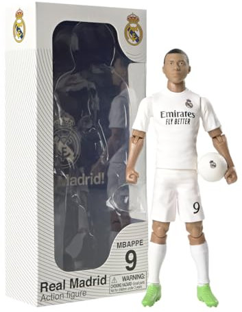 Megableu - Fußballfigur – 20 cm – große Fußballfigur realistisch & beweglich – offizielles Lizenzprodukt – 10 Gelenkpunkte – Fußball Real Madrid – Geschenkidee für Fans Kylian Mbappé