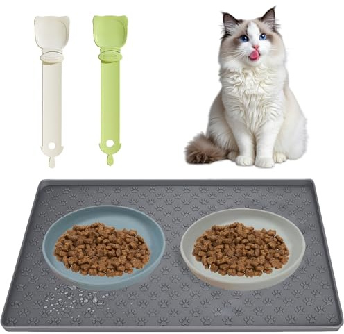 Set comederos de Silicona para Gatos – 2 Cuencos Gato Planos + 2 cucharas de alimentación para Gatos + 1 Alfombrilla de Silicona para Cuenco de Gato, Ideales para Comida húmeda, Seca y Agua