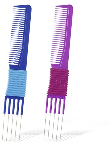 ZEYIYER 2 PCS Lift Teasing Comb, Hair Comb with Metal Prong, Metal Pick Backcombing Combs for Women, Men, Hair Salon Styling, Fine Hairs (Blue, Purple)