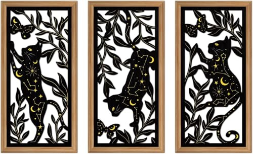 Celestdeco Gothic Katzen Mond Sterne Wandskulptur Schwarz Gerahmt 20x40cmx3