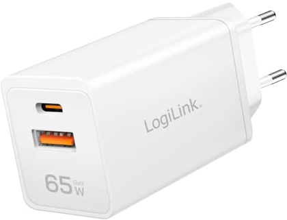 LogiLink Dual-USB Steckdosenadapter, 65 W, GaN-Technologie (Galliumnitrid), 1x USB-C PowerDelivery (PD), 1x USB-A Quickcharge (QC), Überstrom, Überspannung, Übertemperatur und Kurzschluss