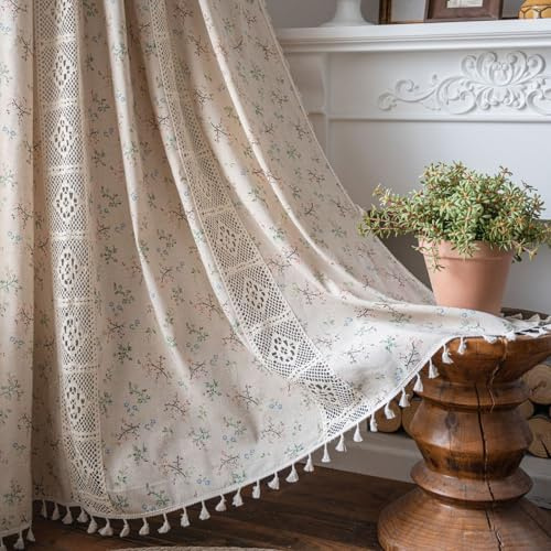 Tospass Landhausstil Häkeln Stricken Blumen Vorhang Beige Boho Vintage Vorhänge Aushöhlen Quaste Gardinen Outdoor Leinen Baumwolle Gardienen für Wohnzimmer Schlafzimmer Curtains 150x240cm 2 Stück