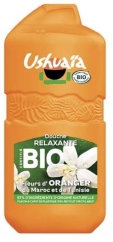 Ushuaïa Douche Relaxante Bio Fleurs Oranger Maroc Tunisie 280ml | Mousse onctueuse, Notes solaires méditerranéennes, Flacon 100% plastique recyclé, 18% plastique en moins