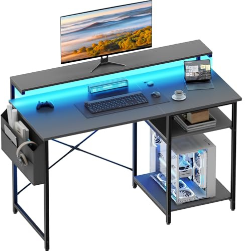 DLONGONE Gaming Desk with LED Lights and Adjustable Monitor Stand, 100x48cm